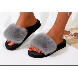 Faux Fur Slides Slippers Flat Soft Flat Slide Sandals Open Toe Gray Size 8.